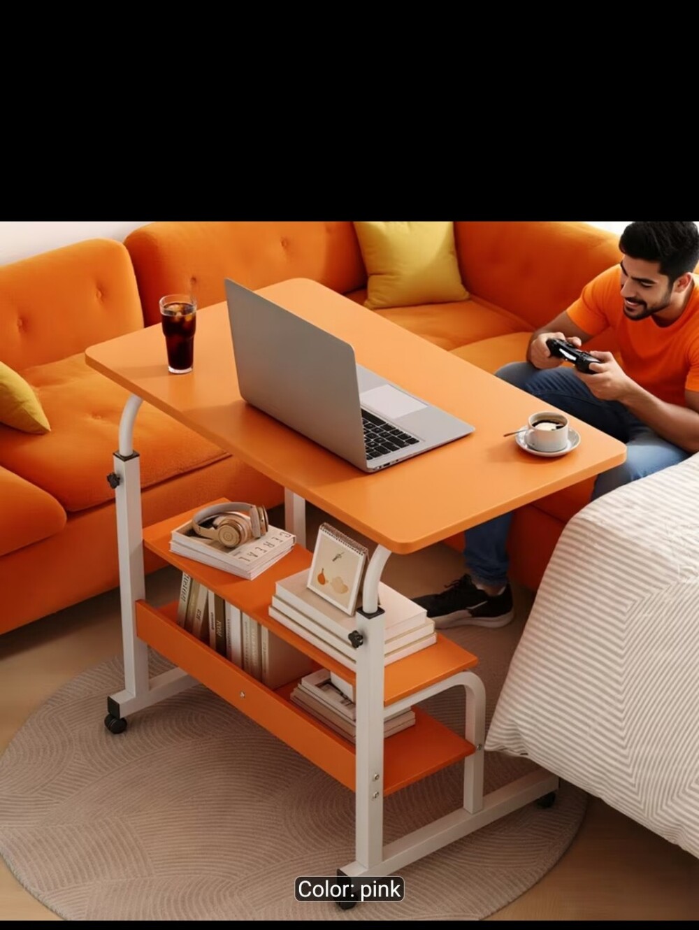 Height-Adjustable Orange Overbed Desk with Built-In Shelves